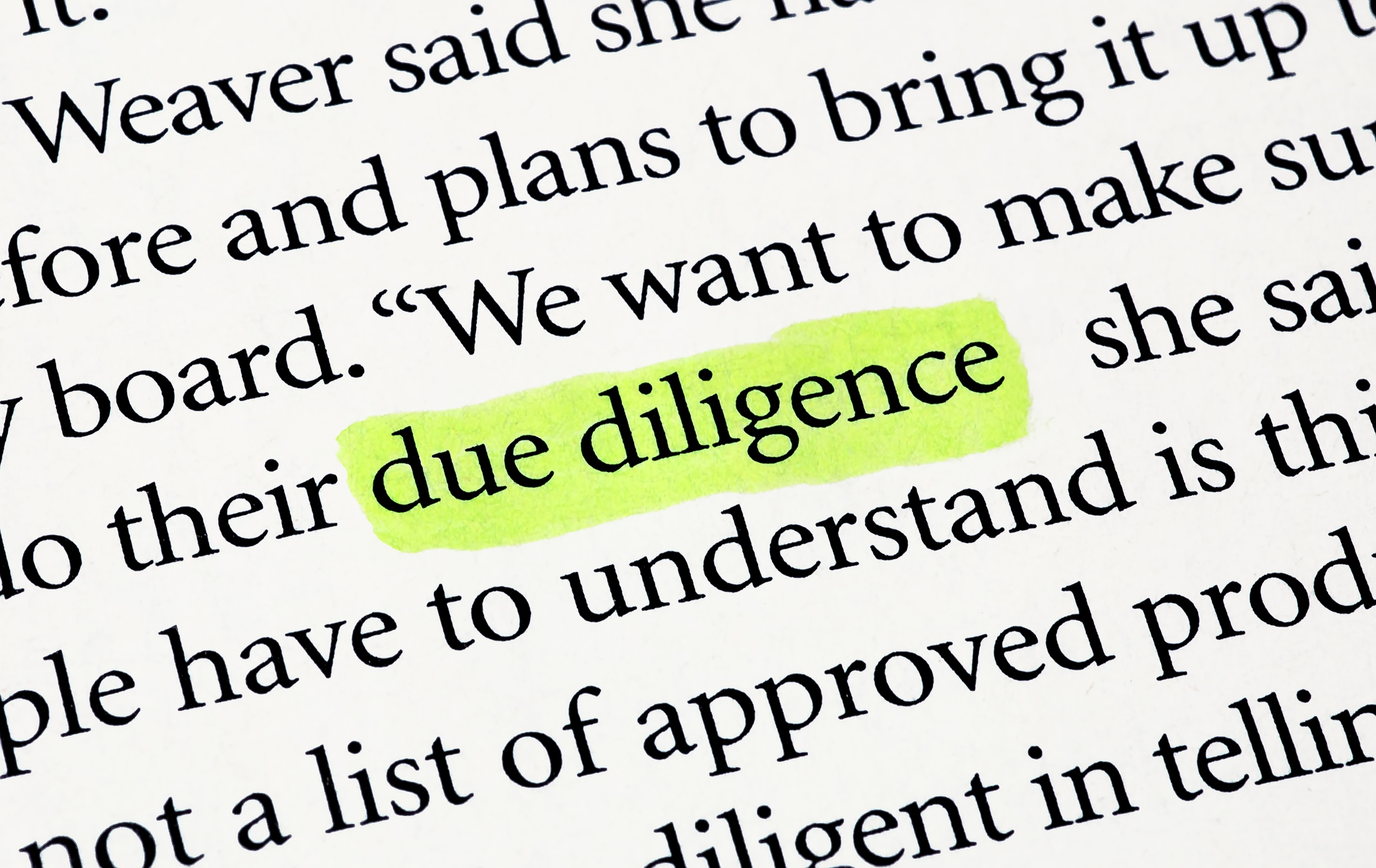 A page of text with Due Diligence highlighted in yellow
