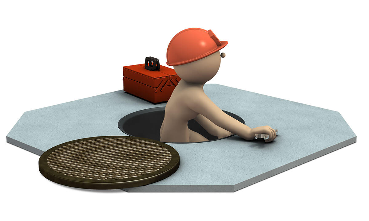 figure emerging from sewer system with hard hat