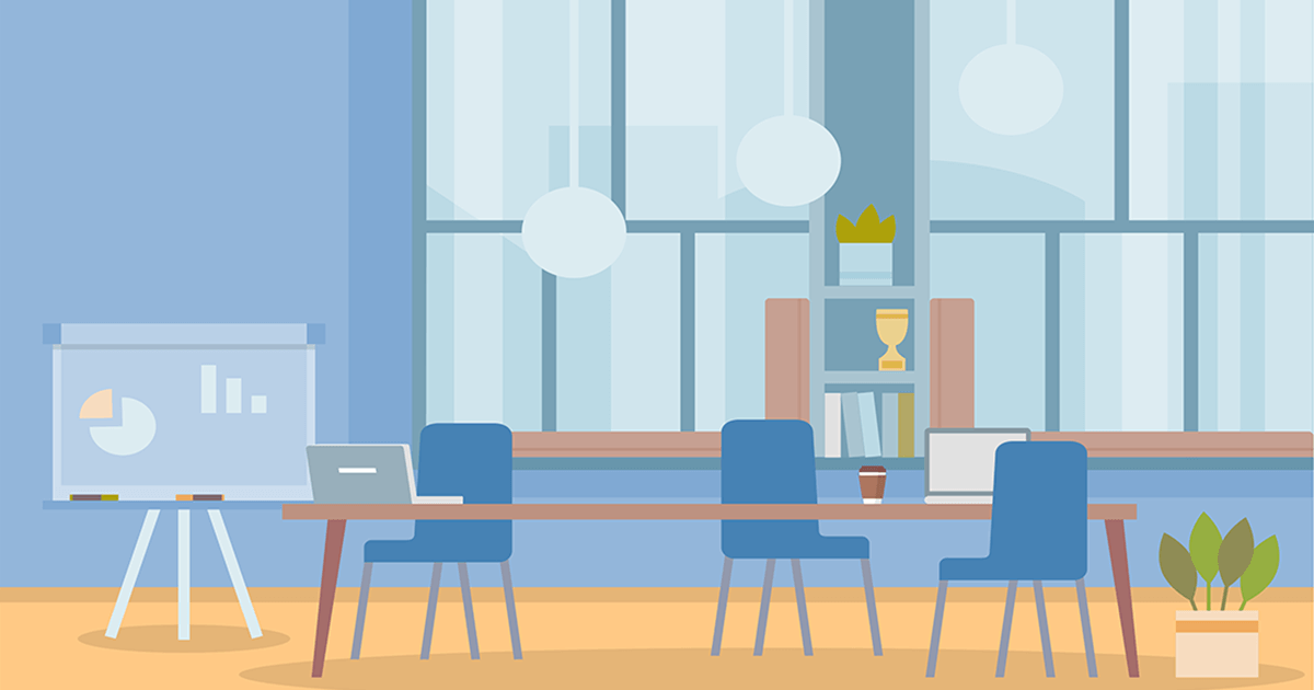 Illustration of a boardroom with table, chairs and whiteboard