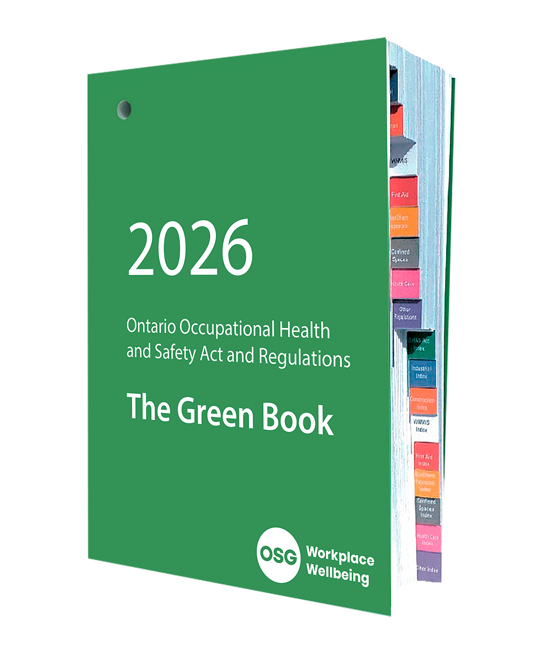 Front cover of the 2026 OHSA Green Book from OGS with colour-coded tabs