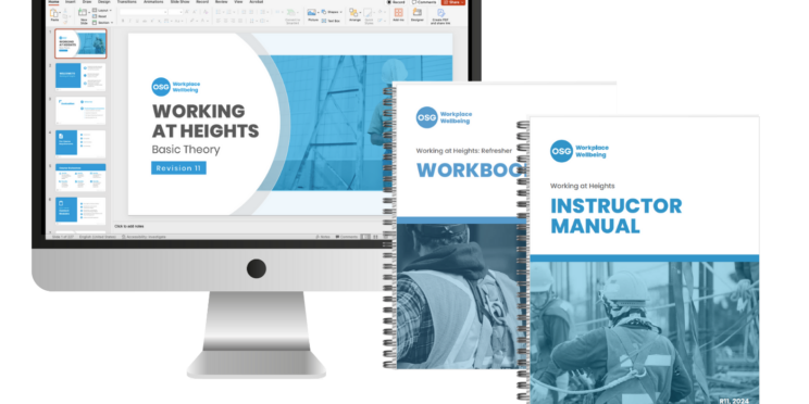 Computer screen displaying working at heights powepoint presentation accomanied by a spiral bound instructor manual and spiral bound workbook