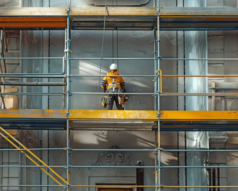 Employees using harnesses when working at heights on scaffolding.