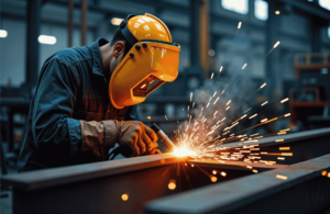 Worker doing hot work while wearing hot work safety protection