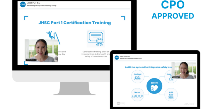 Illustrations of JHSC Part 1 facilitator-led training by OSG on a desktop and laptop screen