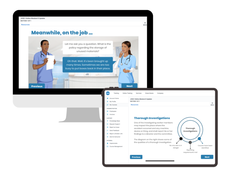 Images of illustrations of JHSC Part 1 self-paced course on a desktop monitor and tablet.