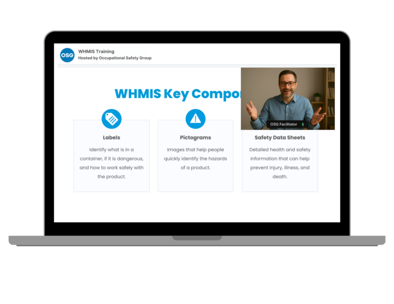 OSG instructor leading a WHMIS training session virtually on a laptop