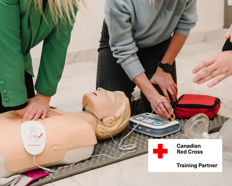 OSG facilitators demonstrating using an AED on a first aid mannequin during training.
