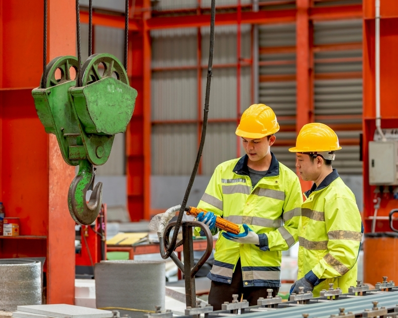 Two workers in hard hats and safety vests examine an overhead crane.