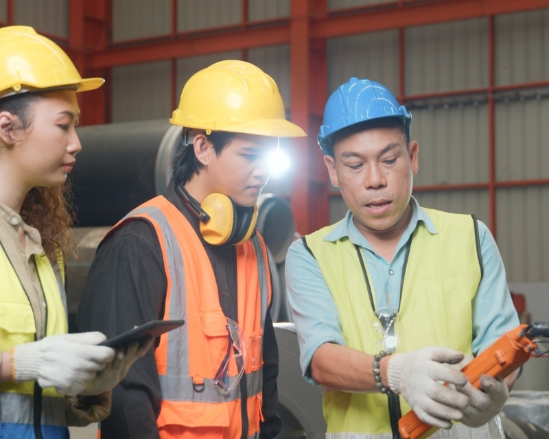 Three workers in hard hats and safety vests in an industrial facility, one holding a pendant control station, reviewing the Overhead Crane Train-the-Trainer course content together.
